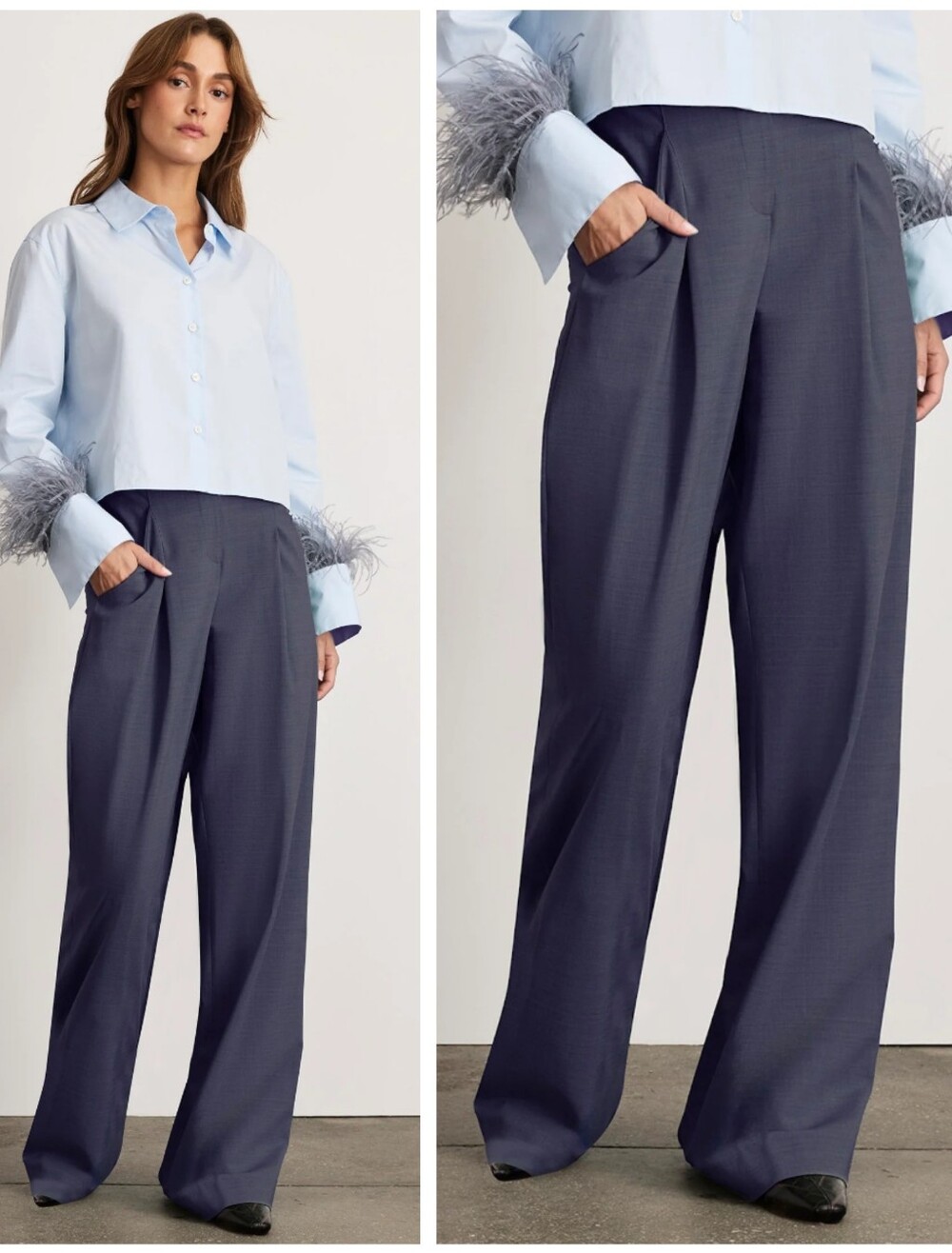 Tanya Taylor $495 Adler Wide-Leg Pants Women's 10 "Dark Chambray" Navy Wool